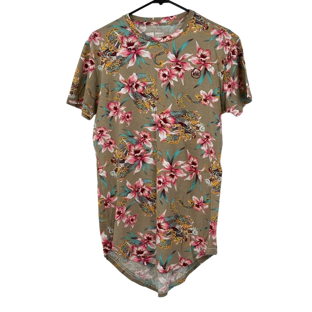Young & Reckless Shirt Mens Small Tan Floral Dragons Print 100% Cotton Preppy